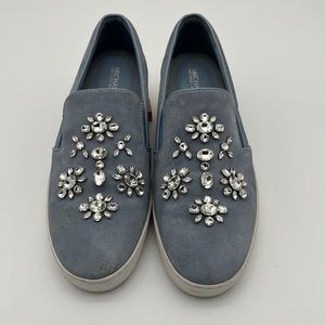 Micheal Kors Baby Blue Suede leather Rhinestone Slide on Loafers